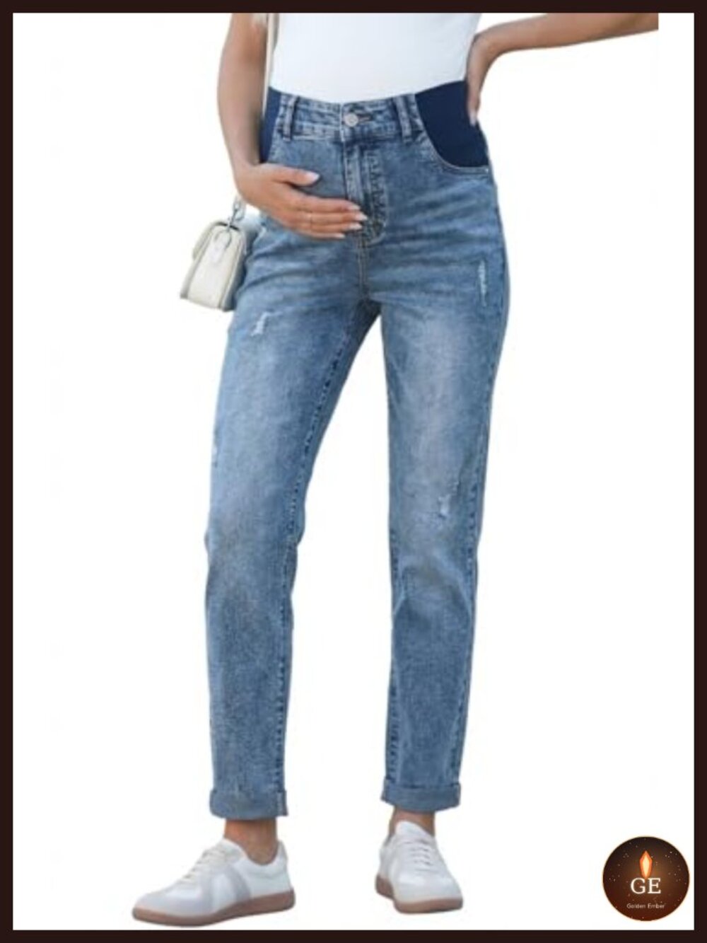 Maternity Jeans Elastic Waist Skinny Cuffed Ripped Cropped